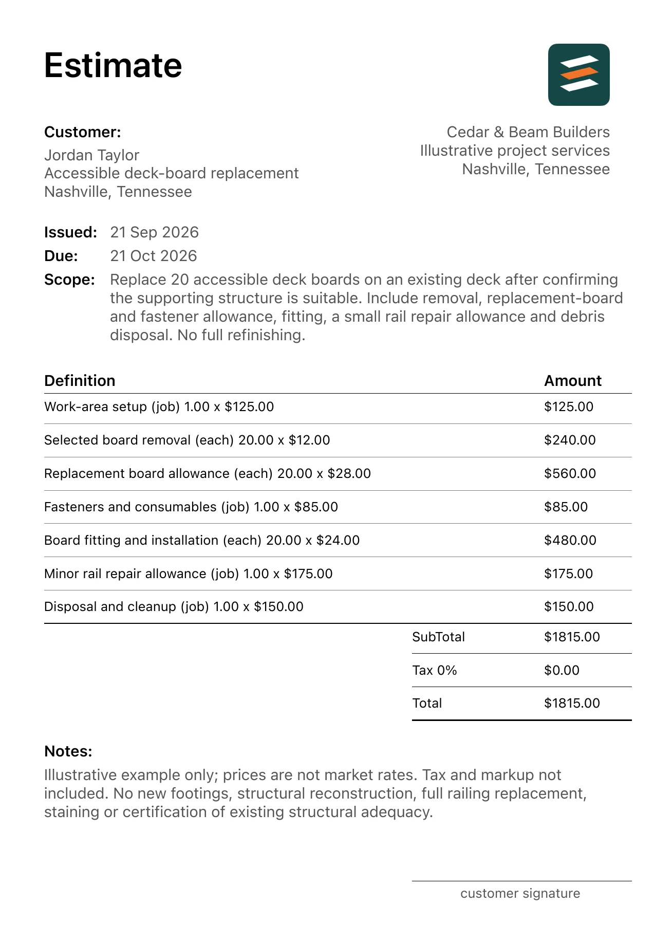 First page of the deck repair estimate PDF