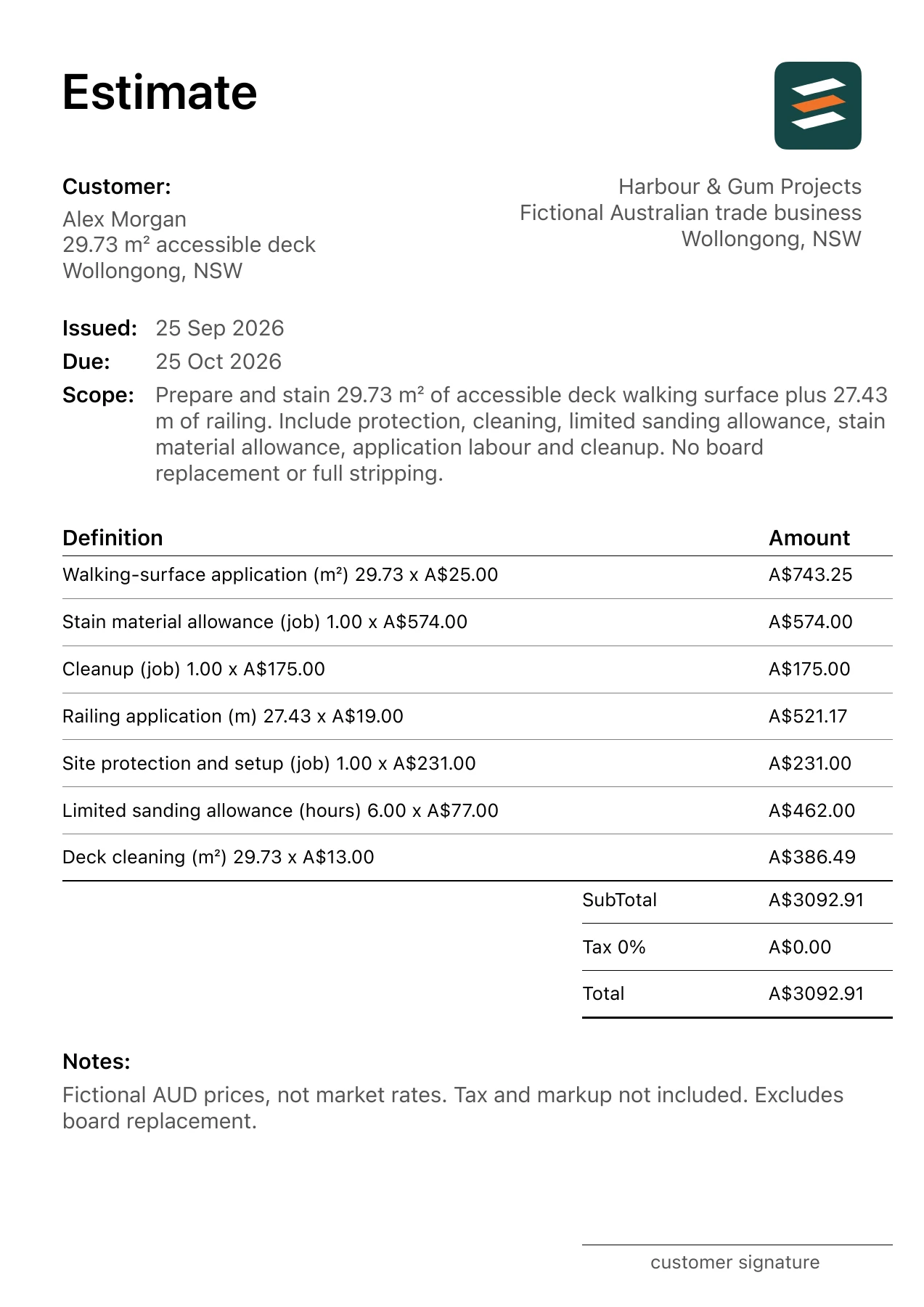 First page of the deck staining estimate PDF