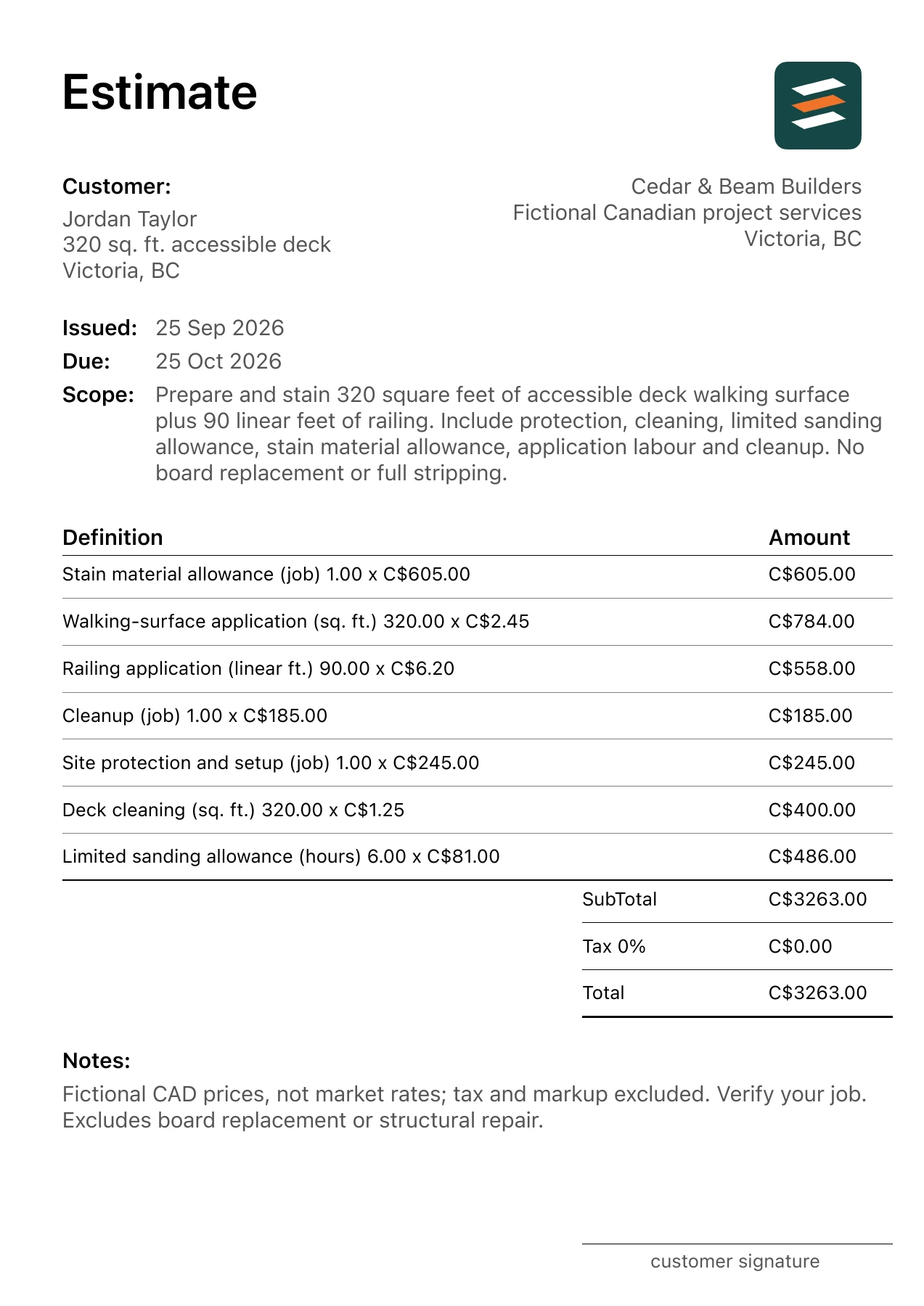 First page of the Victoria, British Columbia deck staining estimate in Canadian dollars