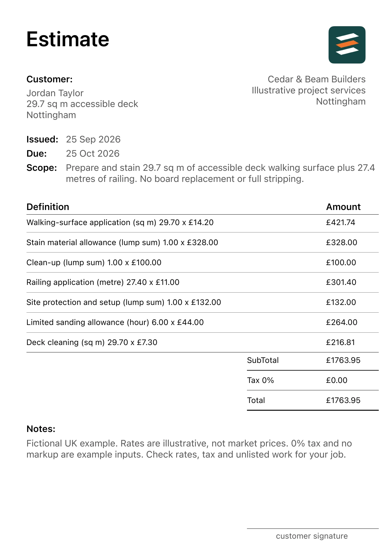 First page of the decking treatment estimate PDF for a fictional Nottingham job