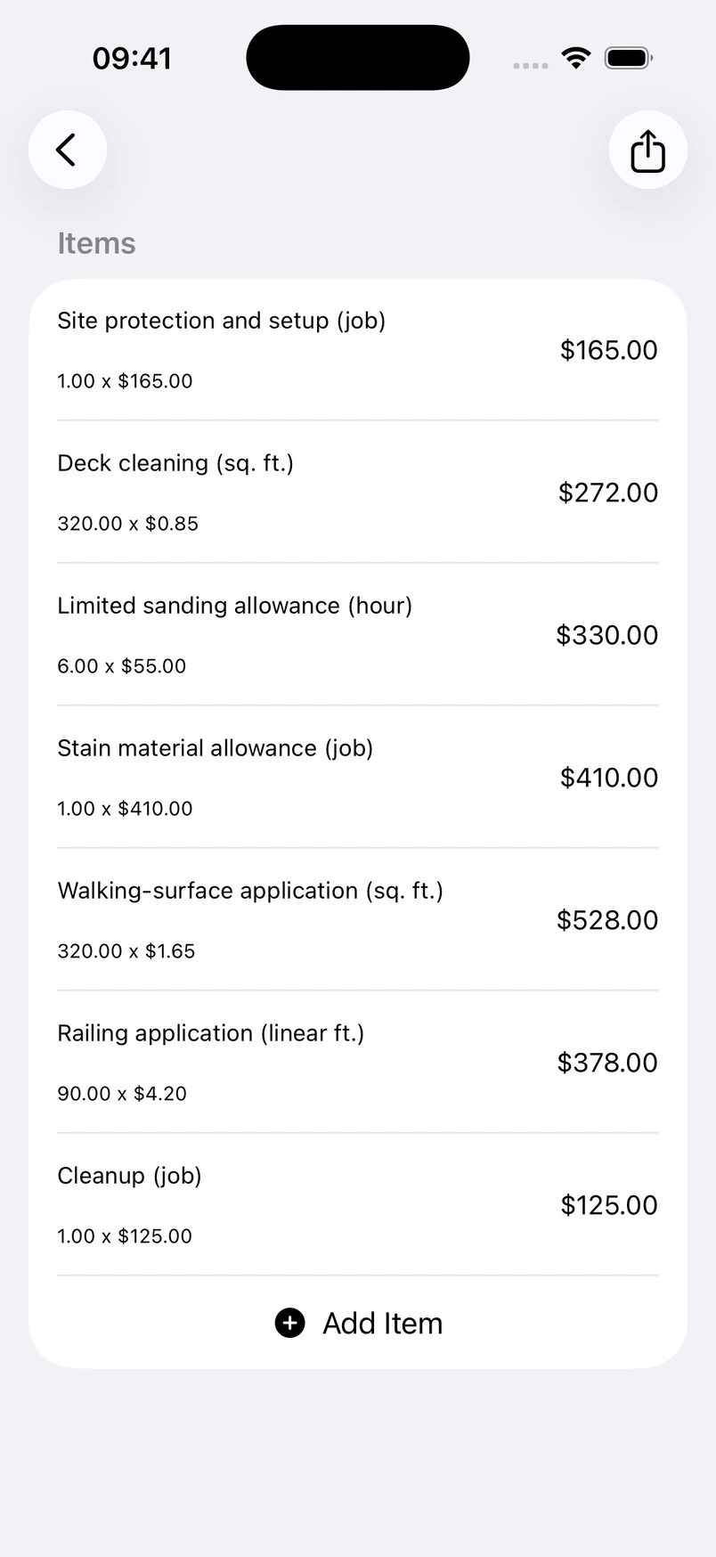 Deck staining line items in the Estimates cost editor