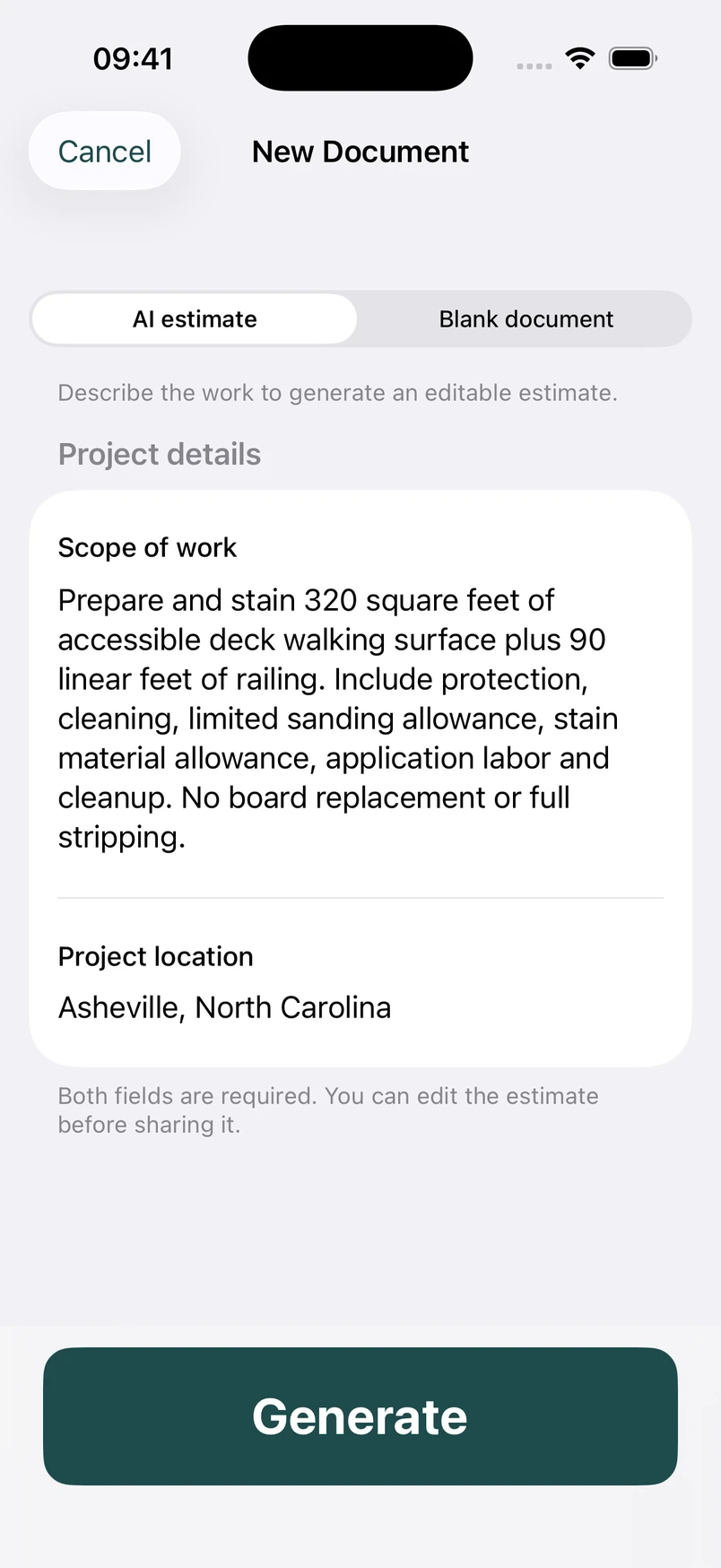 Deck staining scope in the New Document screen
