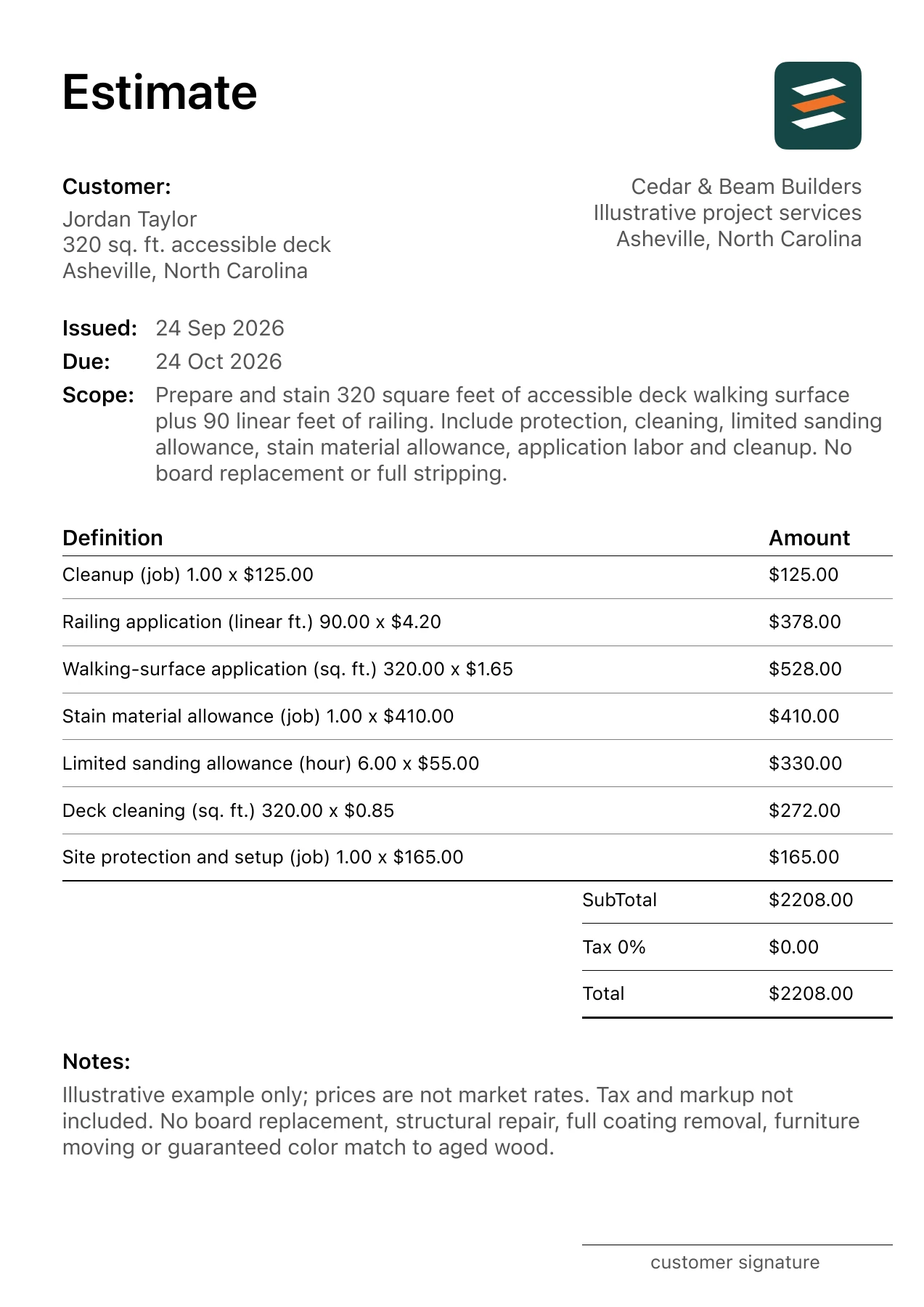 First page of the deck staining estimate PDF