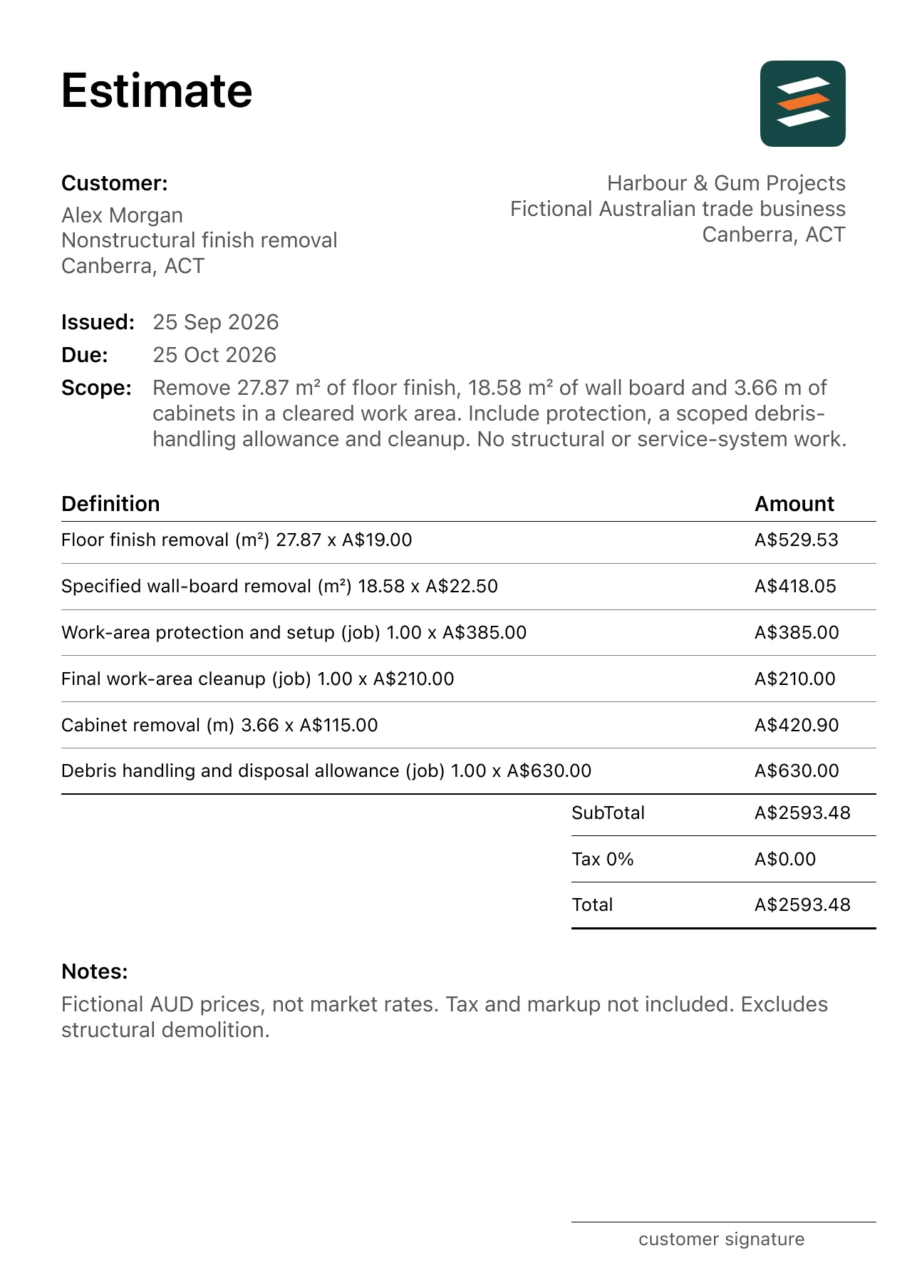 First page of the interior demolition estimate PDF