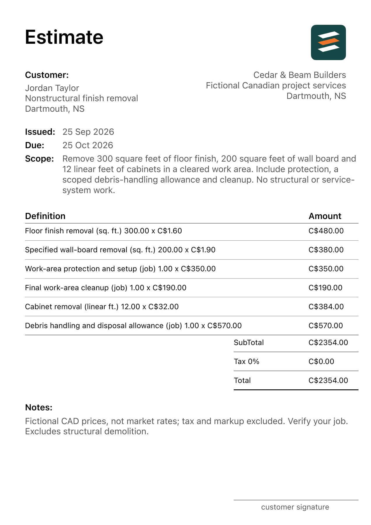First page of the Dartmouth, Nova Scotia interior demolition estimate in Canadian dollars