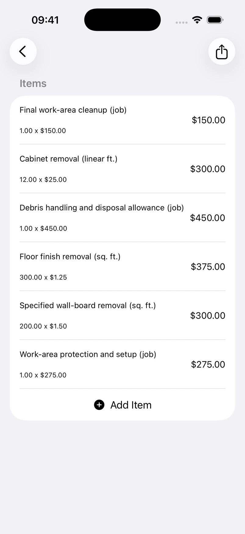 Interior demolition line items in the Estimates cost editor
