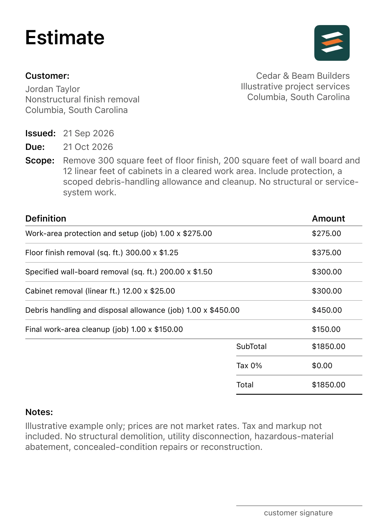 First page of the interior demolition estimate PDF