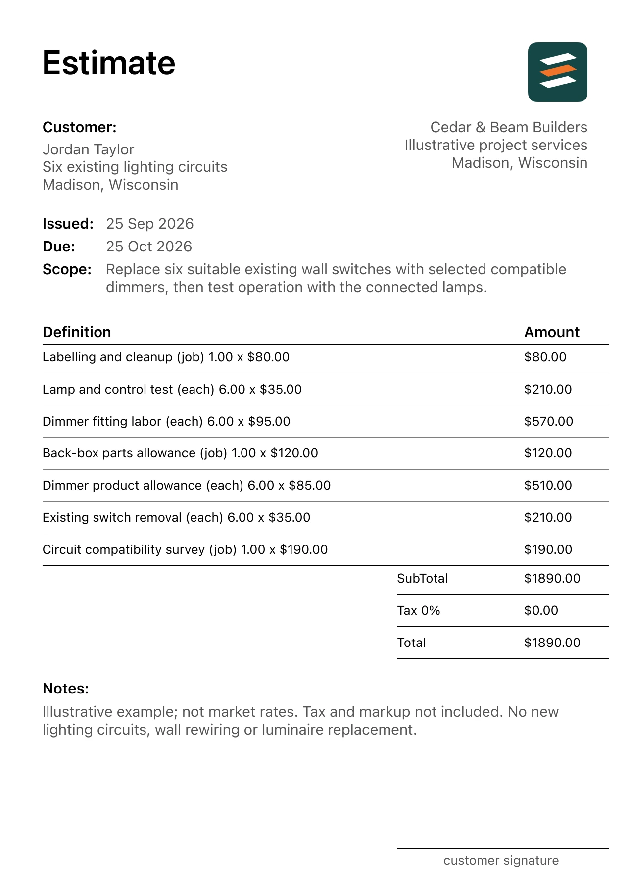 First page of the fictional dimmer switch installation estimate PDF