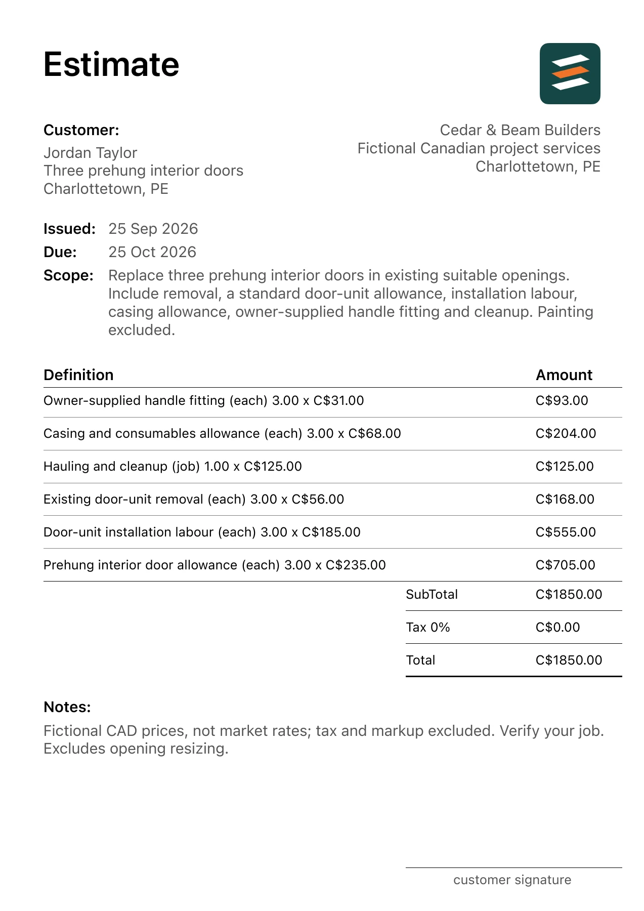 First page of the Charlottetown, Prince Edward Island interior door installation estimate in Canadian dollars