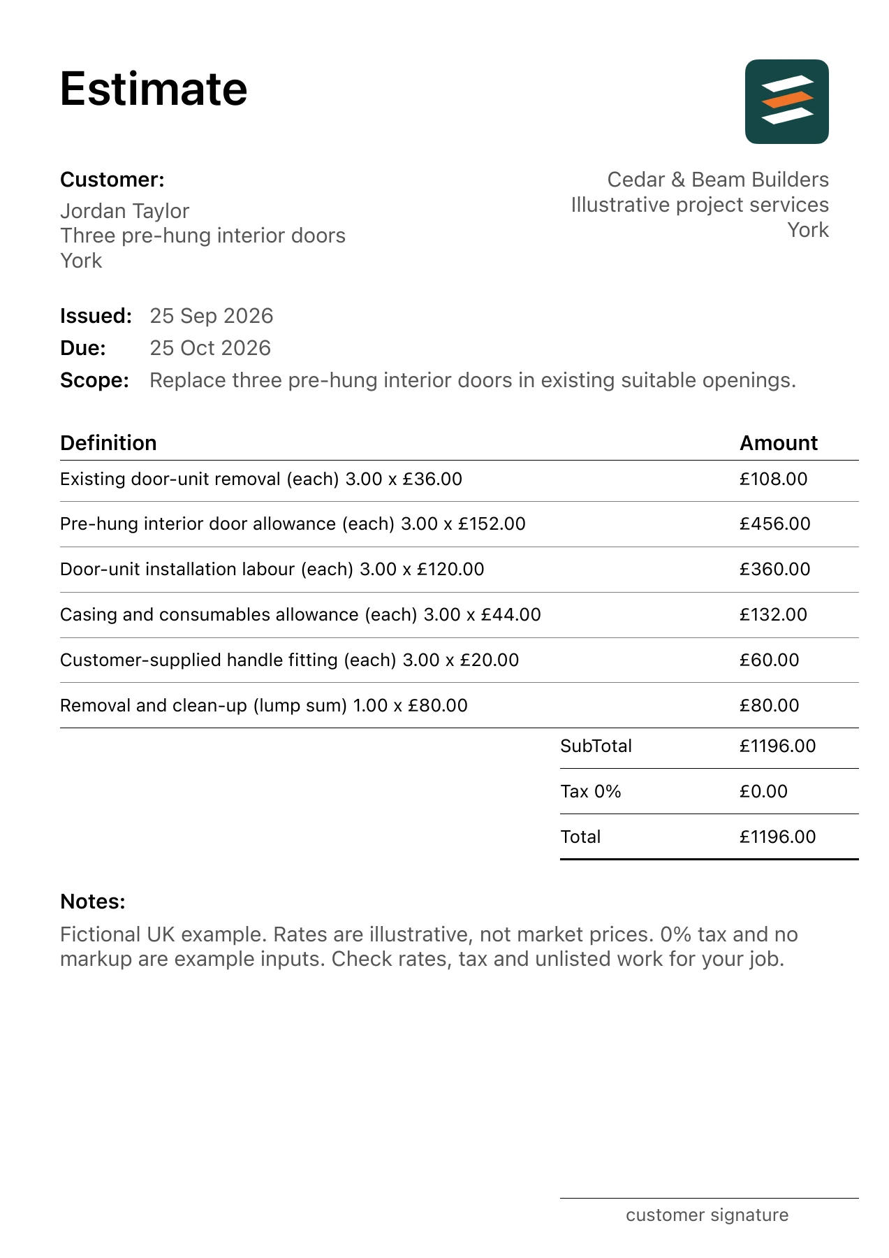 First page of the interior door installation estimate PDF for a fictional York job