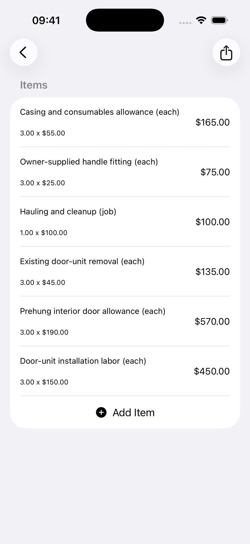 Interior door installation line items in the Estimates cost editor