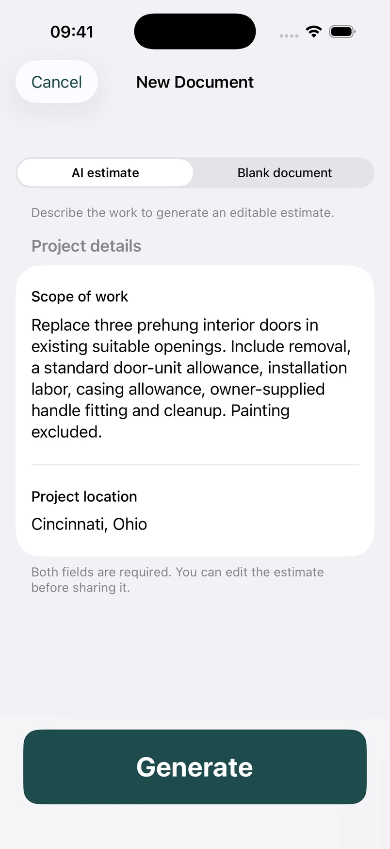 Interior door installation scope in the New Document screen
