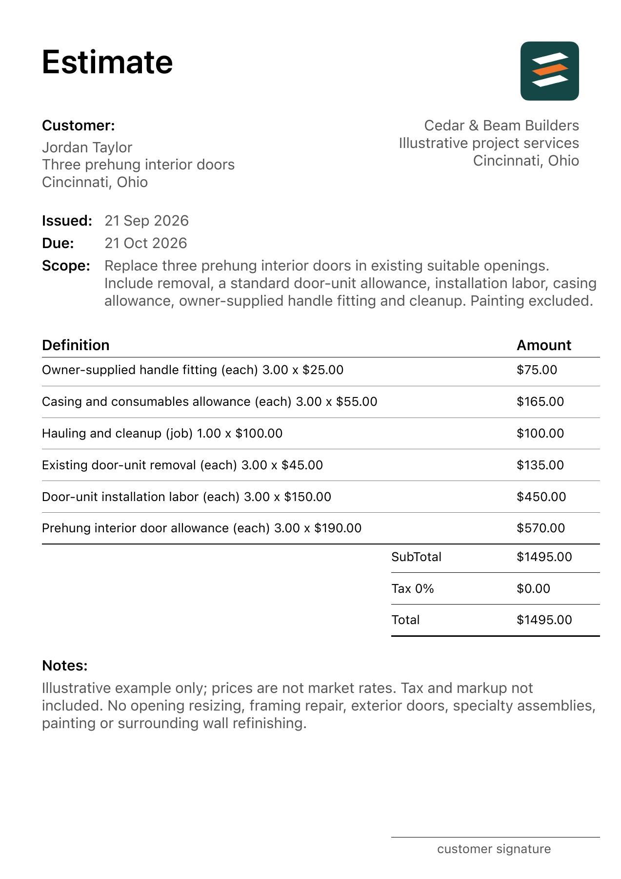 First page of the interior door installation estimate PDF