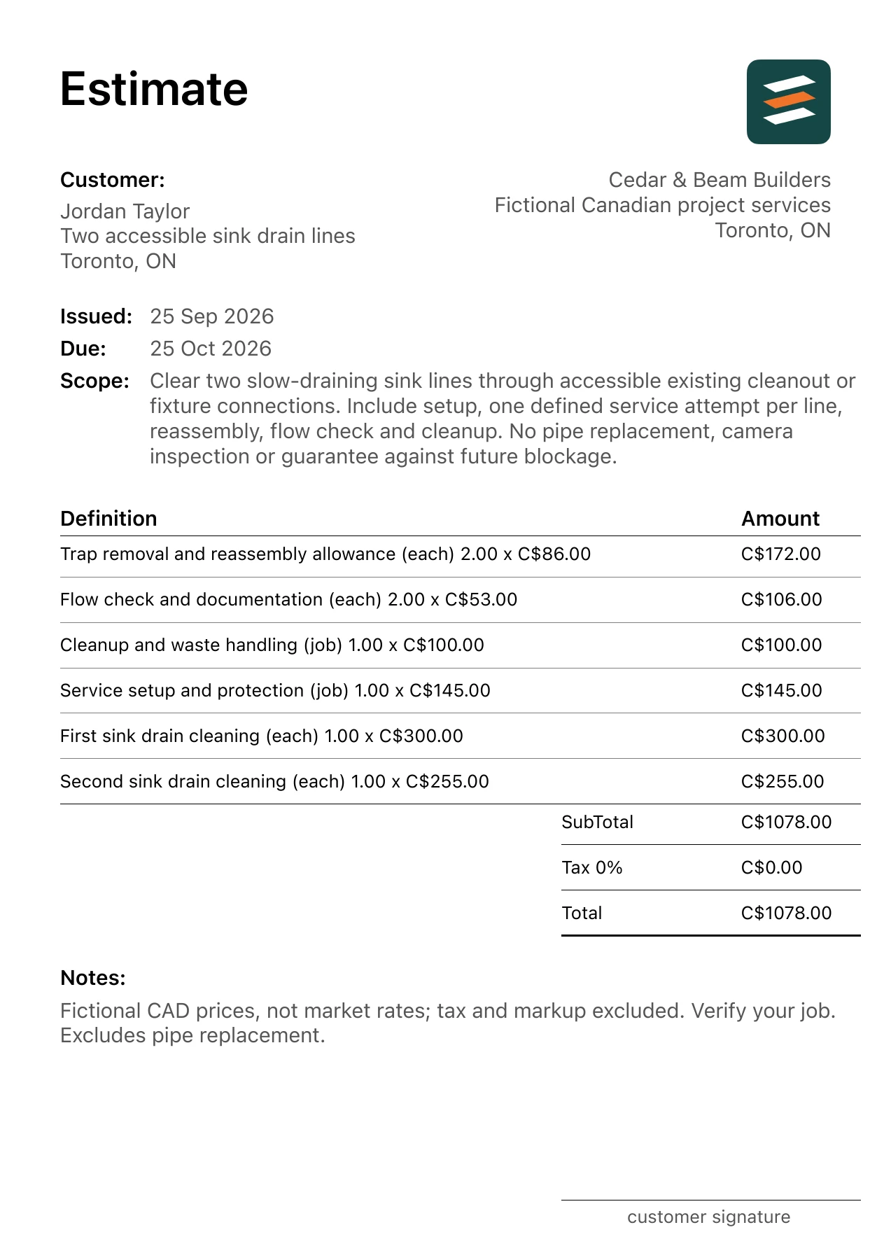 First page of the Toronto, Ontario sink drain cleaning estimate in Canadian dollars