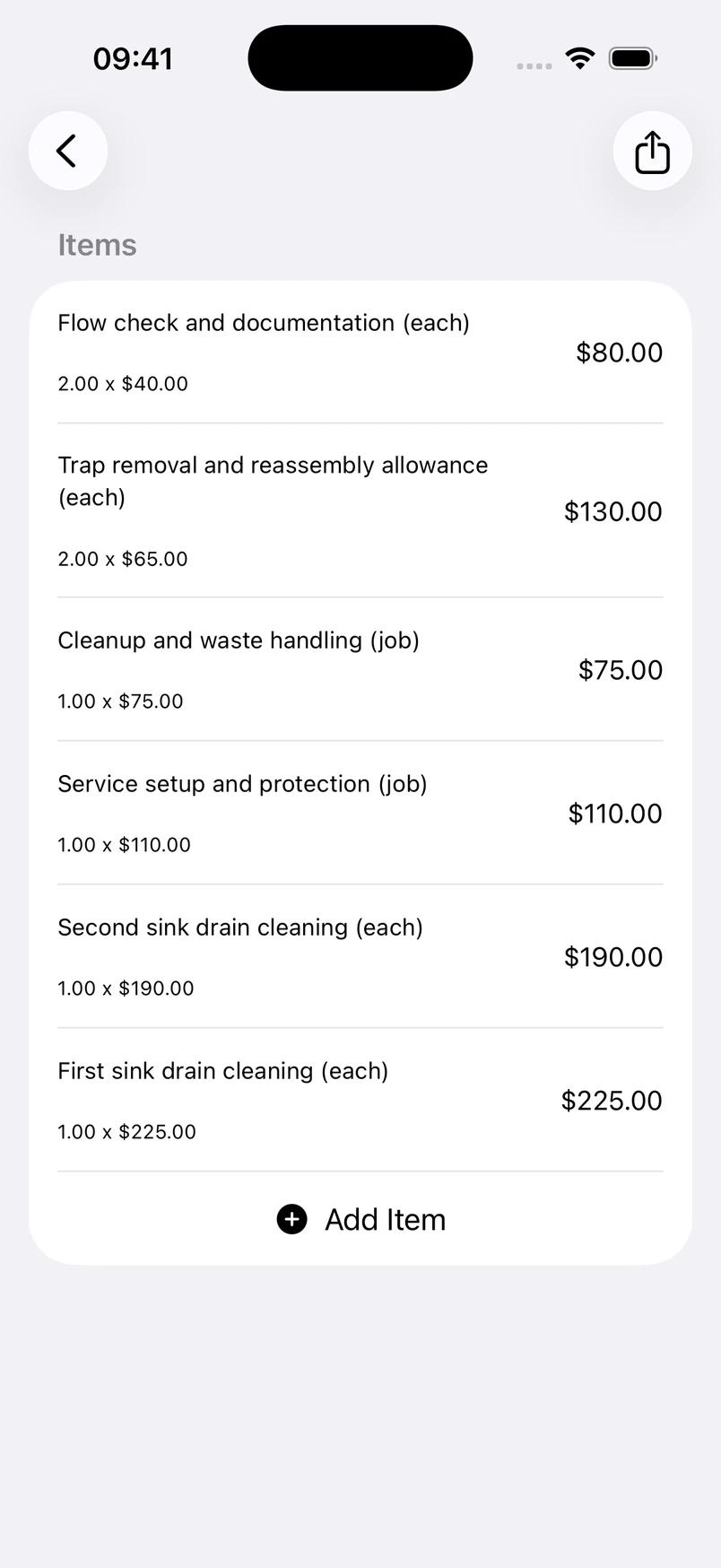Sink drain cleaning line items in the Estimates cost editor