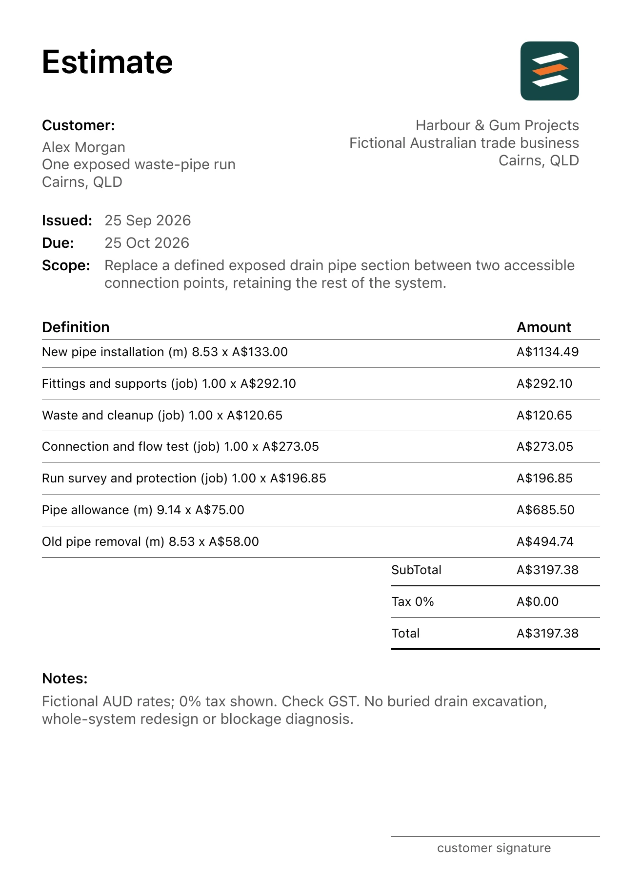 First page of the fictional Cairns, Queensland drain pipe section replacement estimate PDF