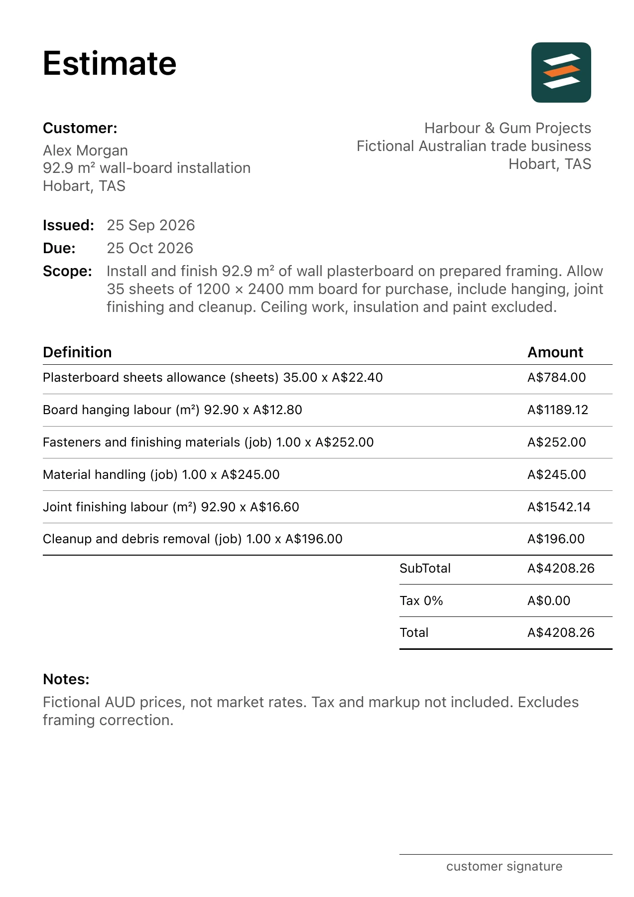 First page of the plasterboard installation estimate PDF
