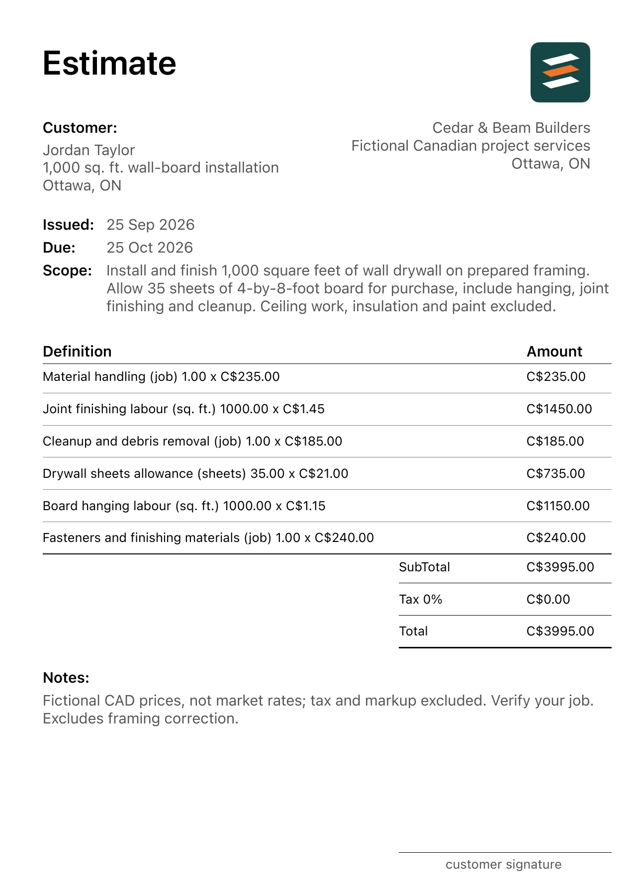 First page of the Ottawa, Ontario drywall installation estimate in Canadian dollars