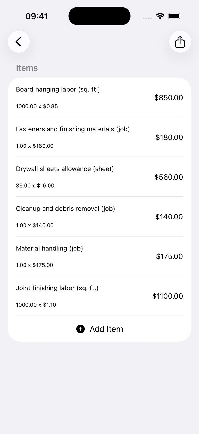 Drywall installation line items in the Estimates cost editor
