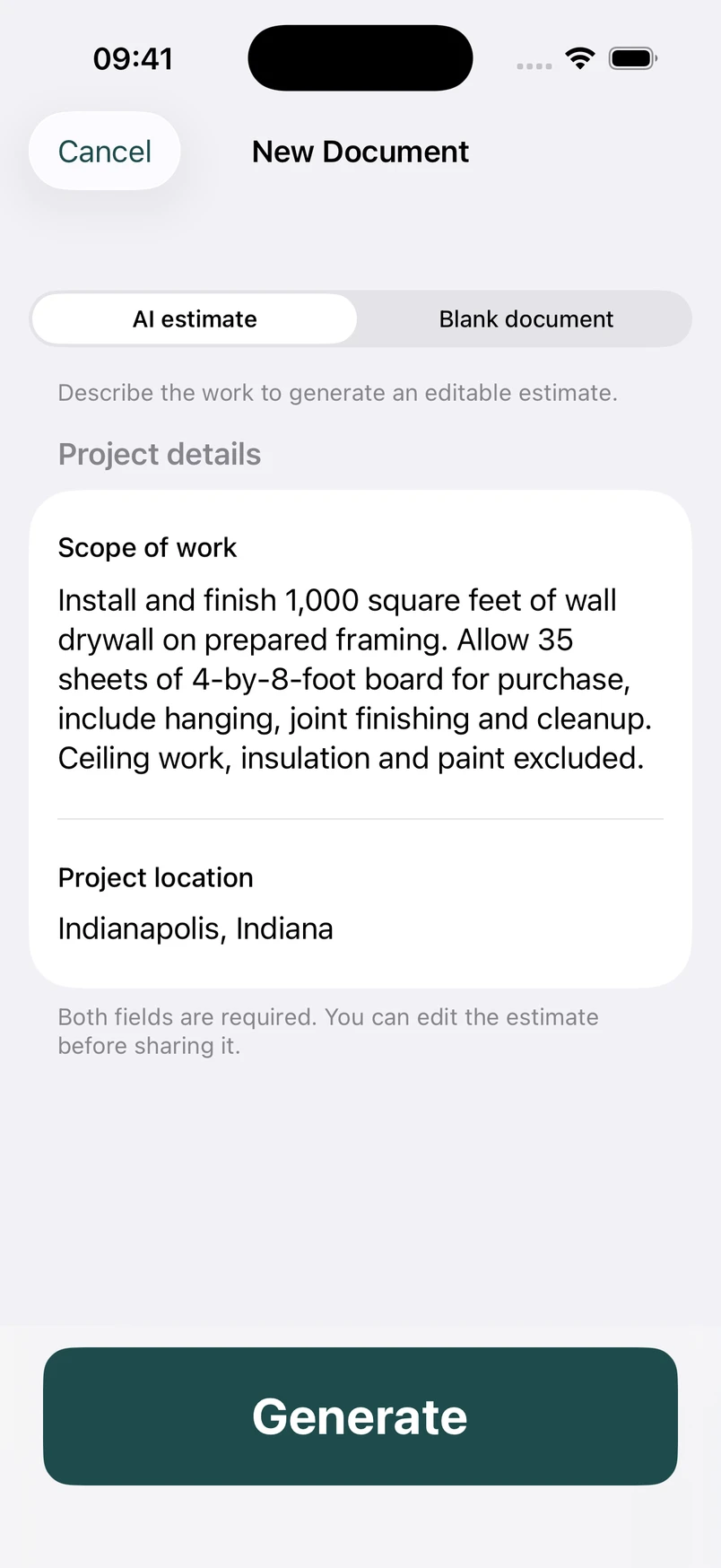 Drywall installation scope in the New Document screen