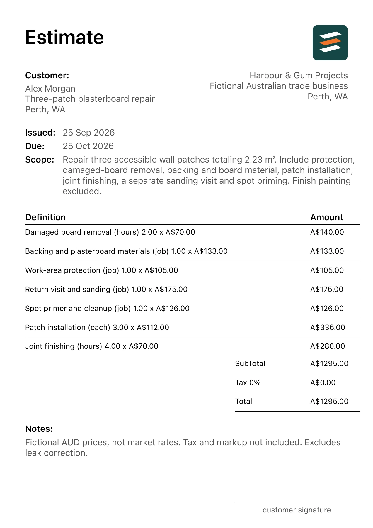 First page of the plasterboard repair estimate PDF