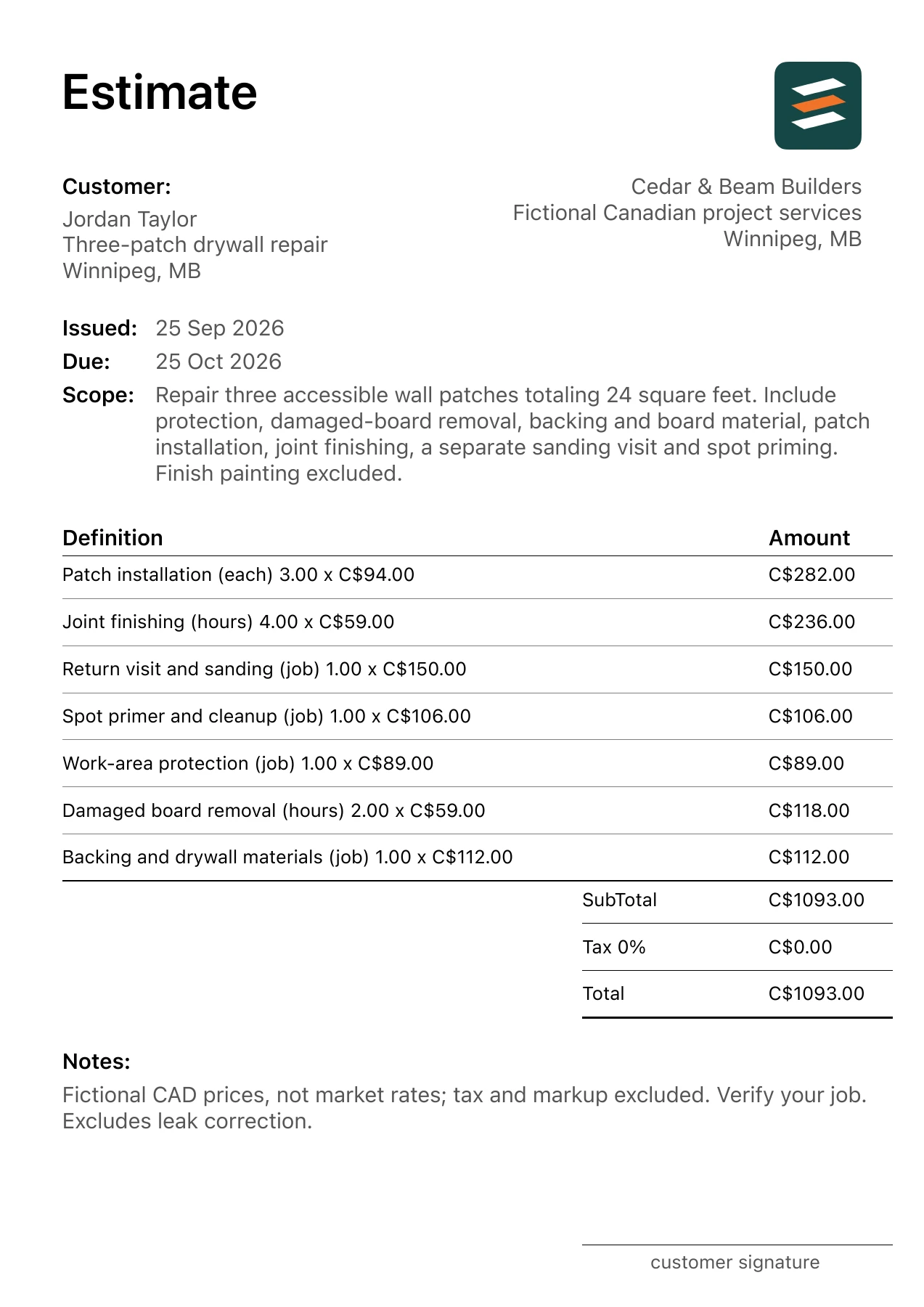 First page of the Winnipeg, Manitoba drywall repair estimate in Canadian dollars