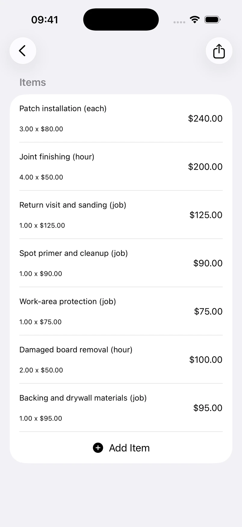 Drywall repair line items in the Estimates cost editor