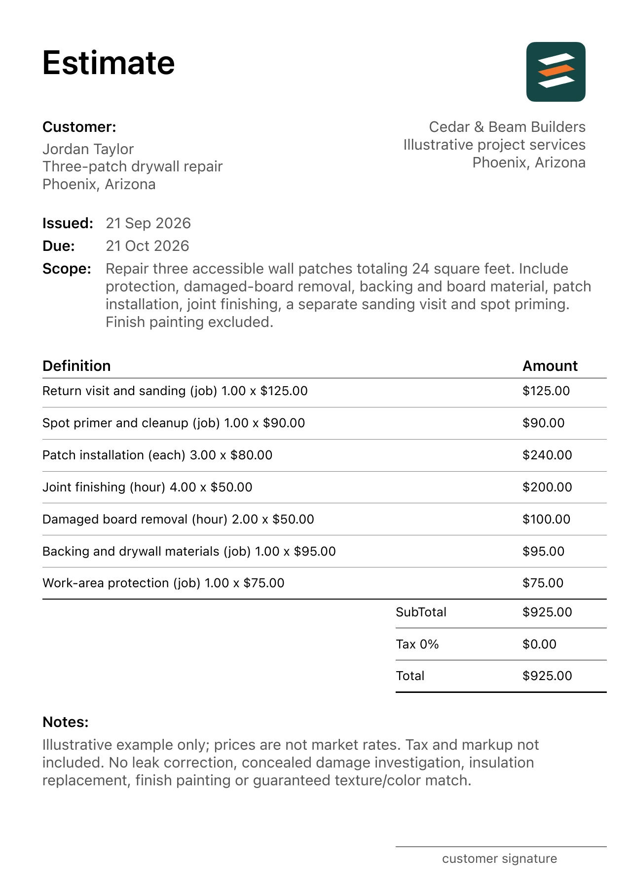 First page of the drywall repair estimate PDF