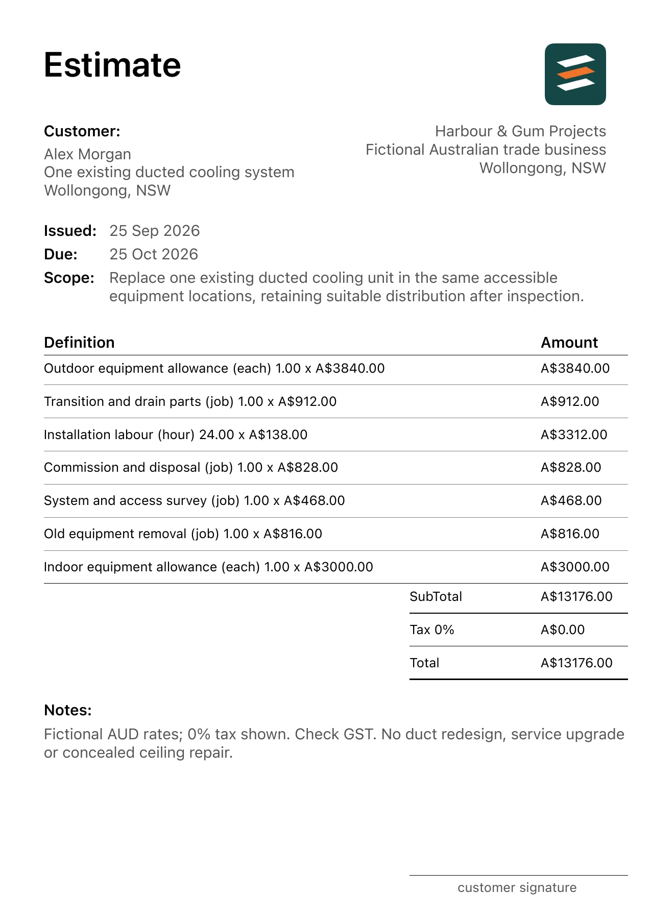 First page of the fictional Wollongong, New South Wales ducted air conditioning replacement estimate PDF