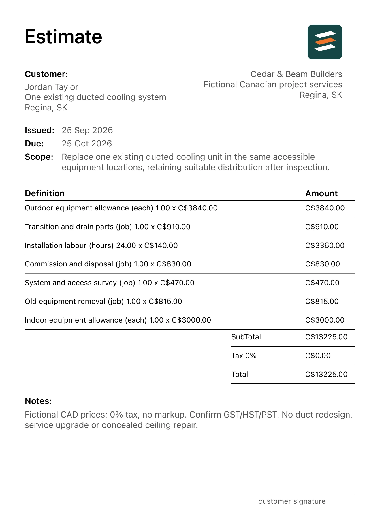 First page of the fictional Regina, Saskatchewan ducted air conditioning replacement PDF estimate