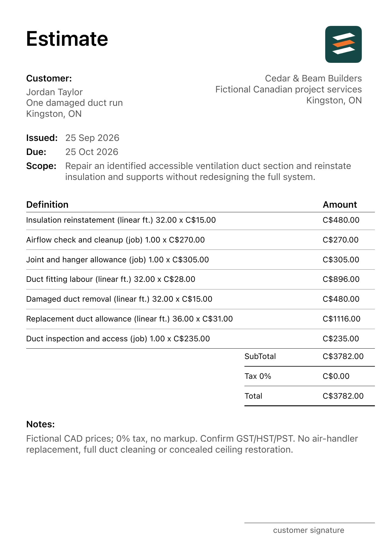 First page of the fictional Kingston, Ontario accessible ventilation duct repair PDF estimate