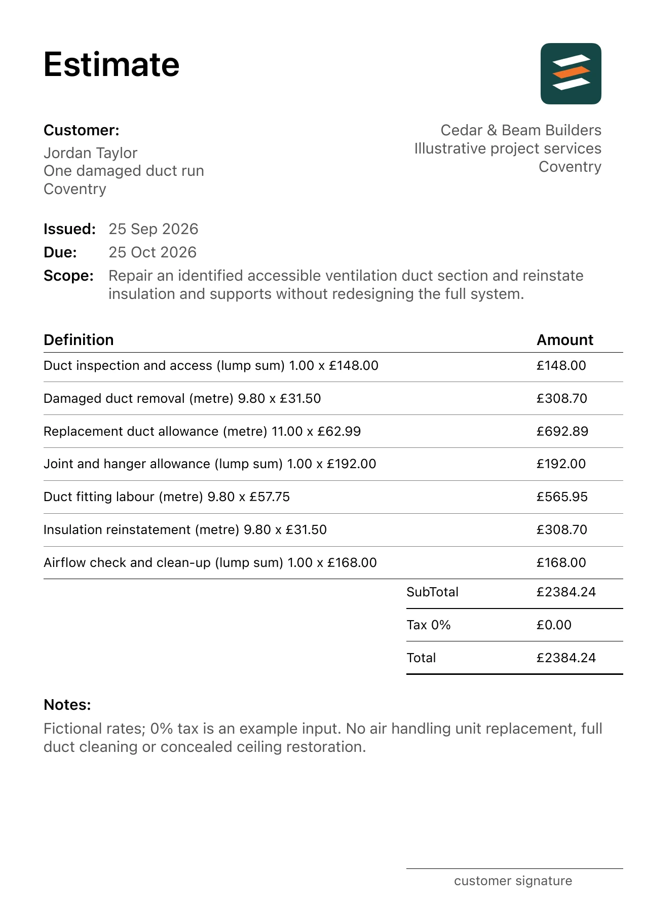 First page of the fictional accessible ventilation duct repair estimate PDF