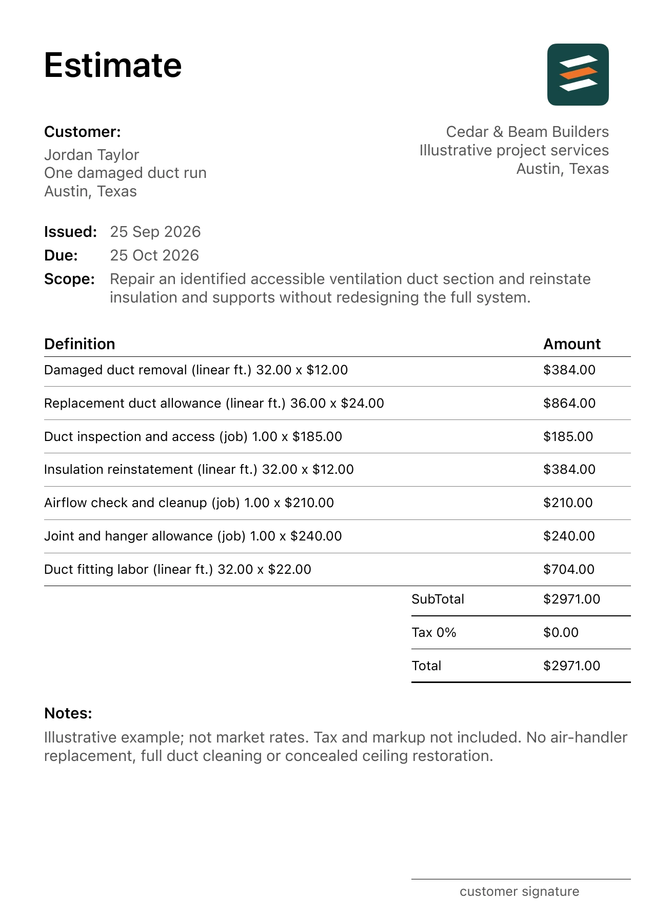 First page of the fictional accessible ventilation duct repair estimate PDF