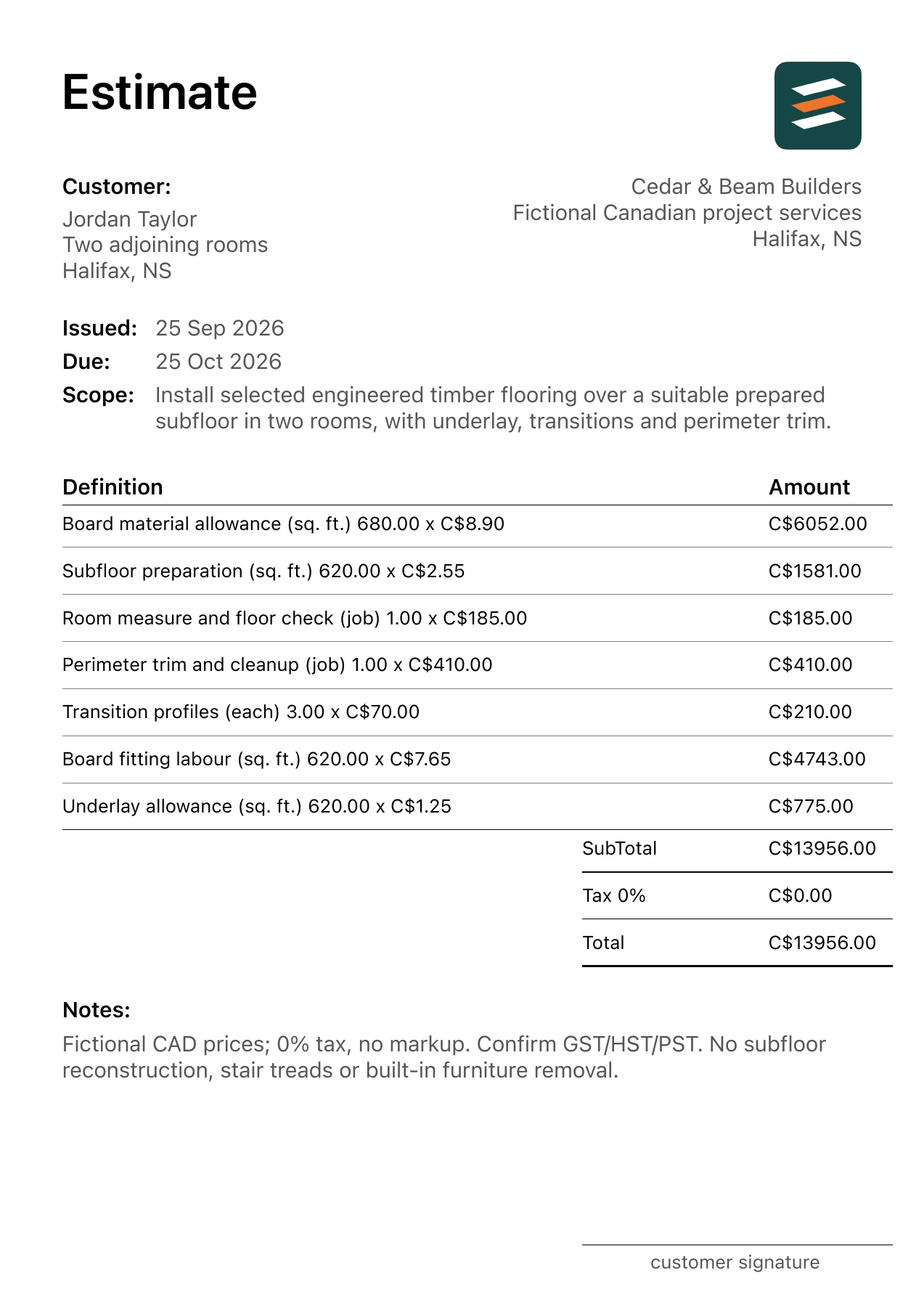 First page of the fictional Halifax, Nova Scotia engineered wood floor installation PDF estimate