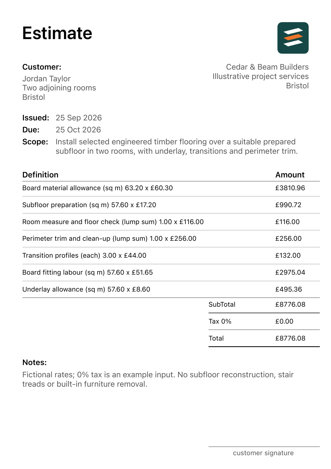 First page of the fictional engineered wood floor installation estimate PDF
