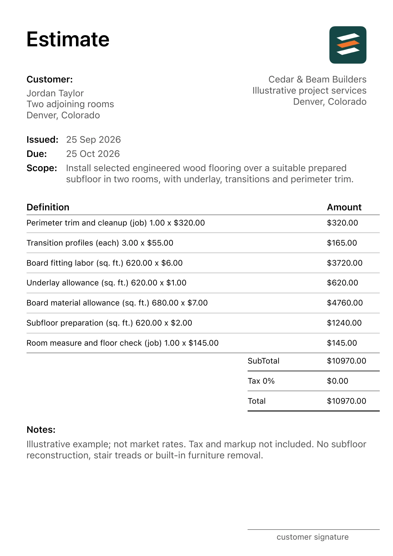 First page of the fictional engineered wood floor installation estimate PDF