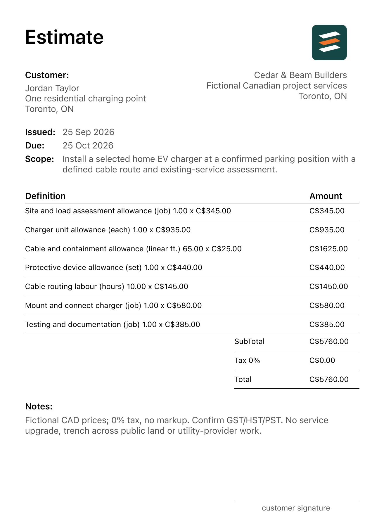 First page of the fictional Toronto, Ontario home EV charger installation PDF estimate
