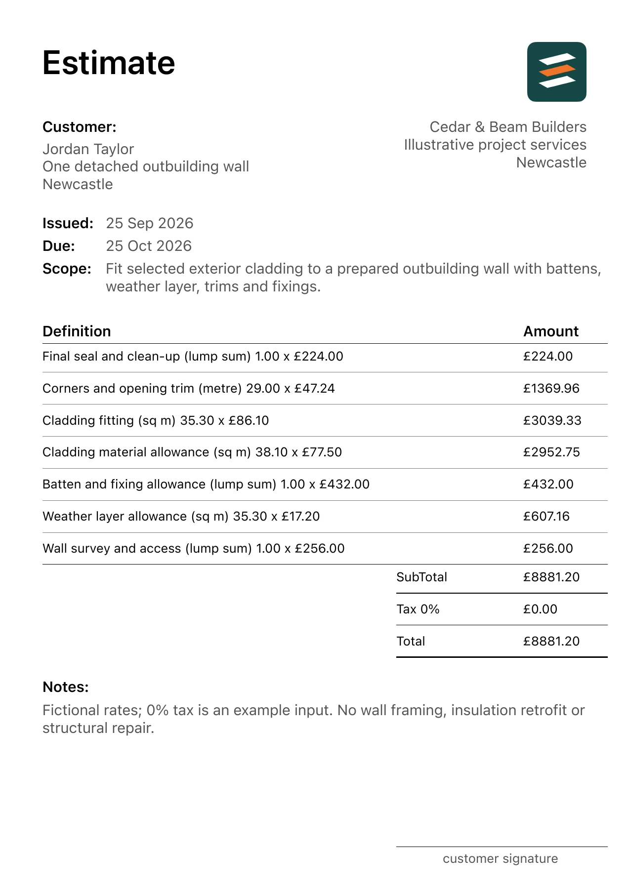 First page of the fictional new exterior cladding installation estimate PDF