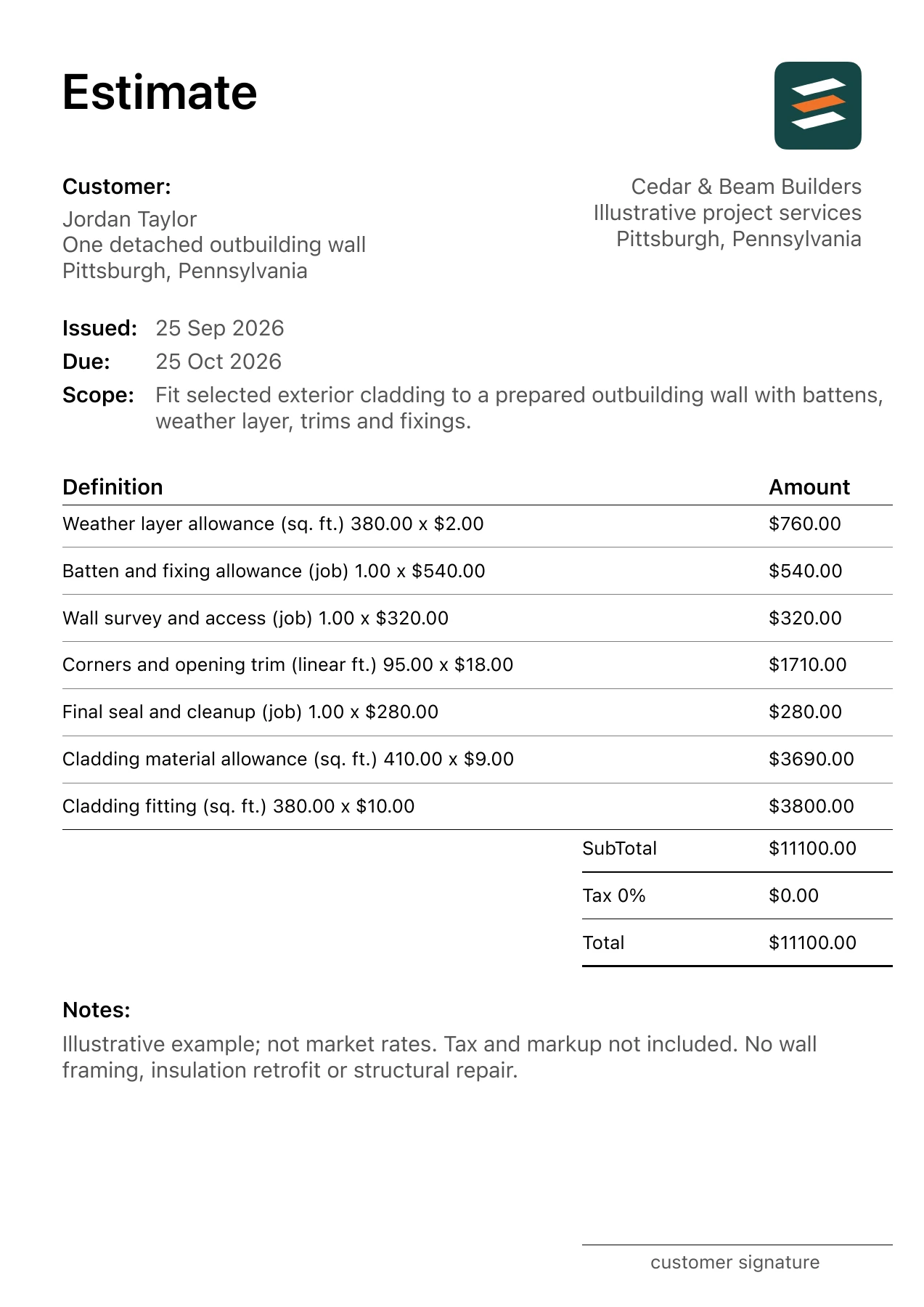 First page of the fictional new exterior cladding installation estimate PDF