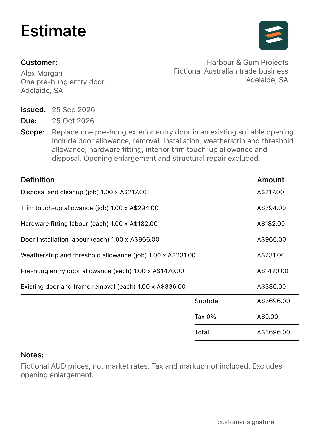 First page of the exterior entry door replacement estimate PDF