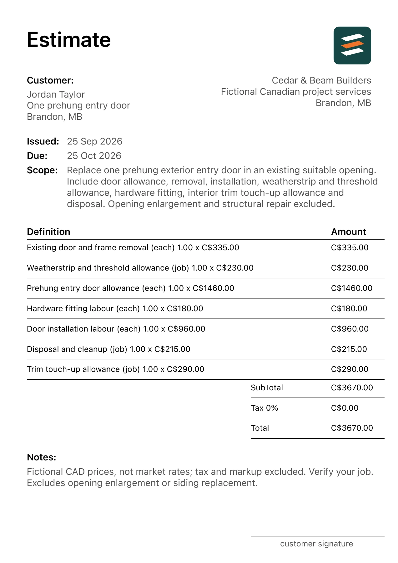 First page of the Brandon, Manitoba exterior entry door replacement estimate in Canadian dollars