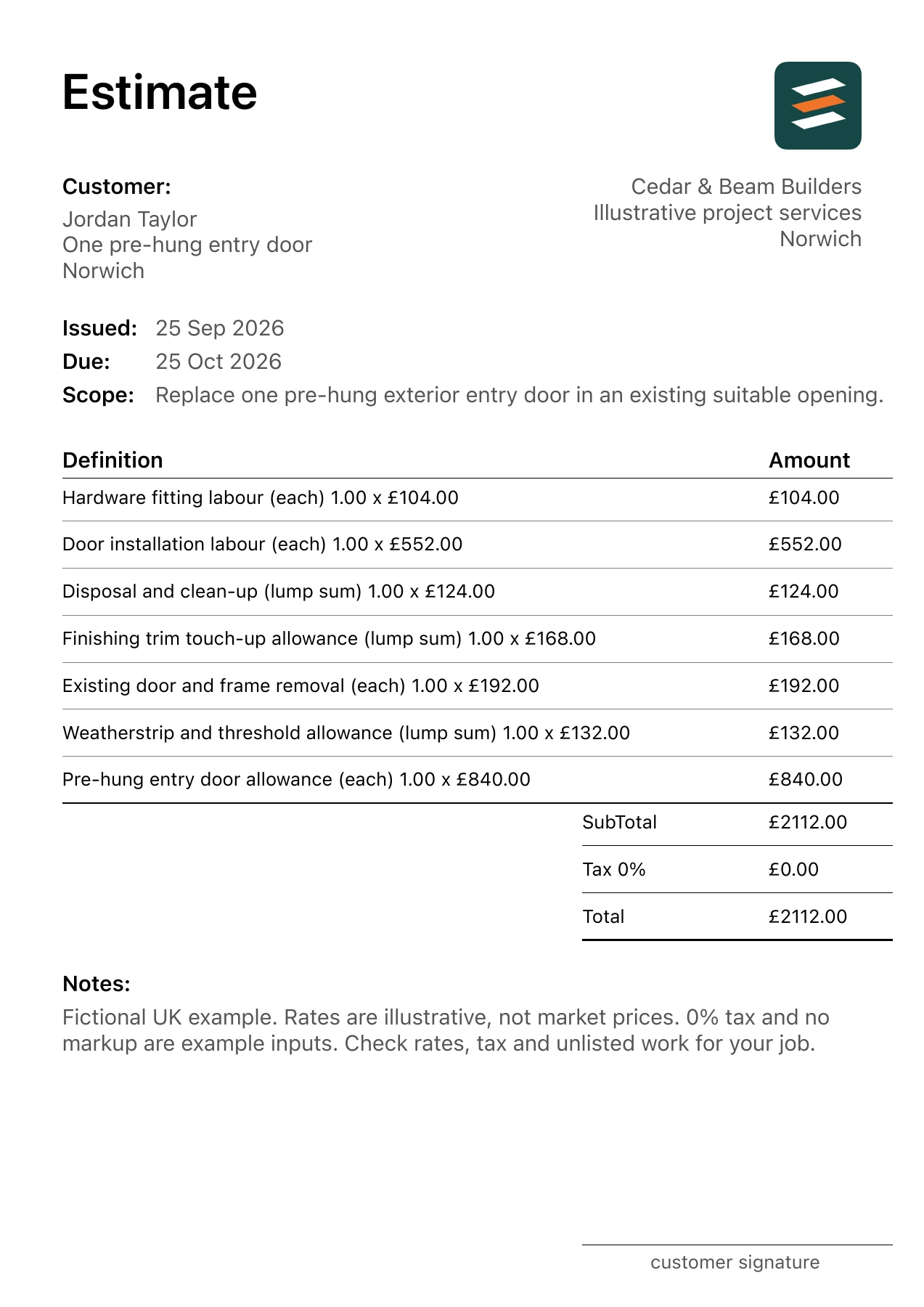 First page of the exterior entry door replacement estimate PDF for a fictional Norwich job