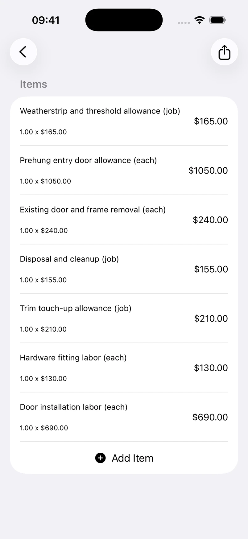 Exterior entry door replacement line items in the Estimates cost editor