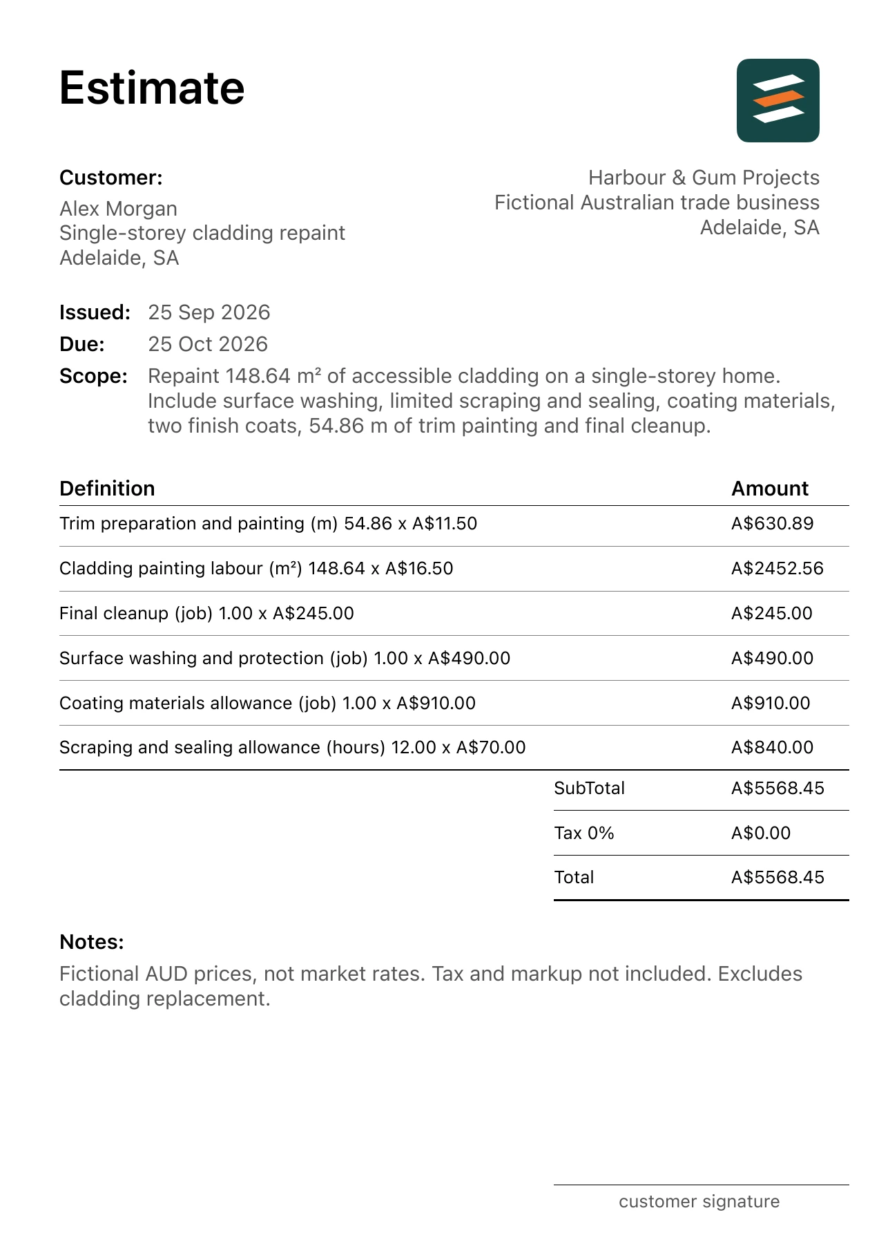 First page of the exterior painting estimate PDF