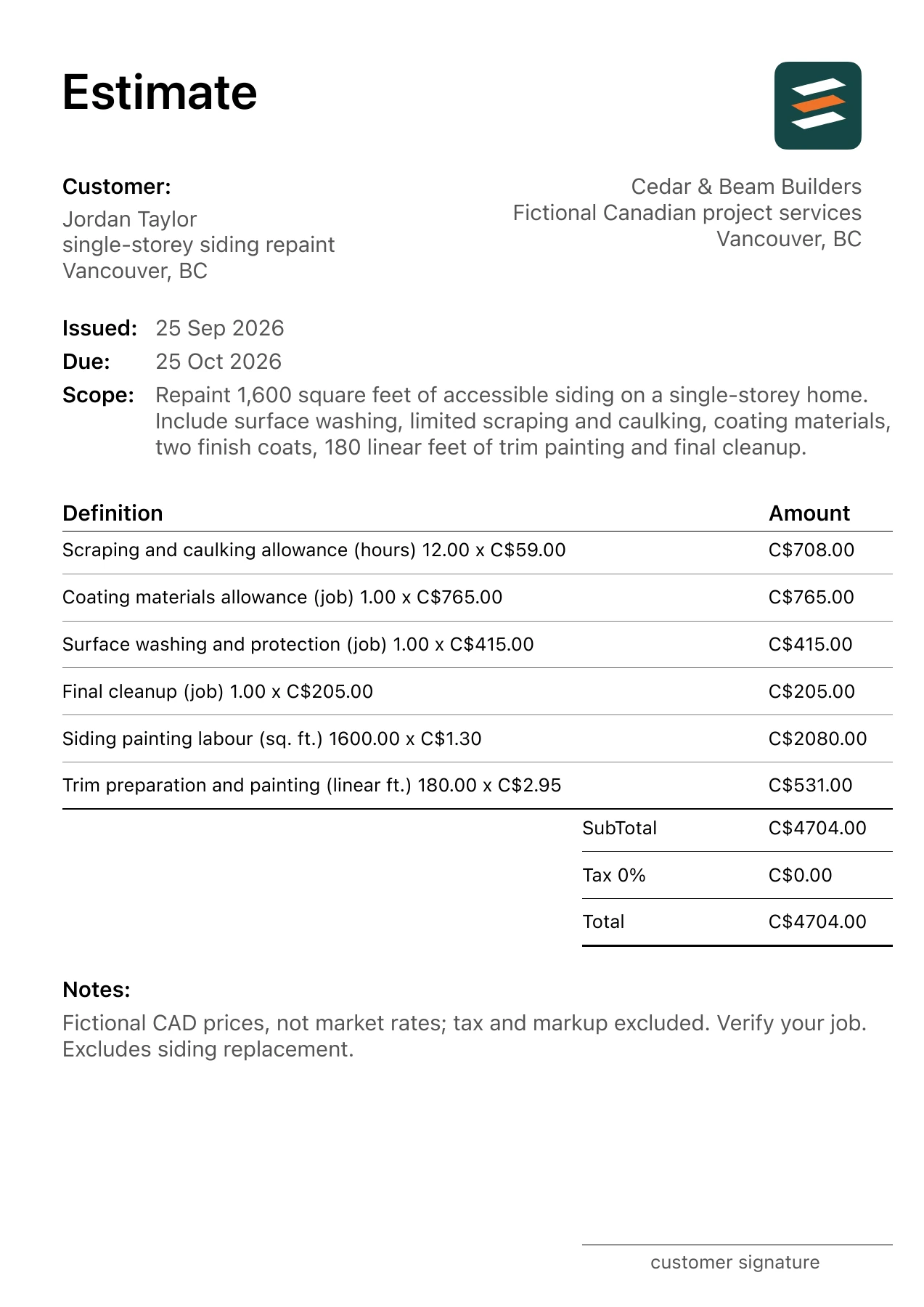 First page of the Vancouver, British Columbia exterior painting estimate in Canadian dollars