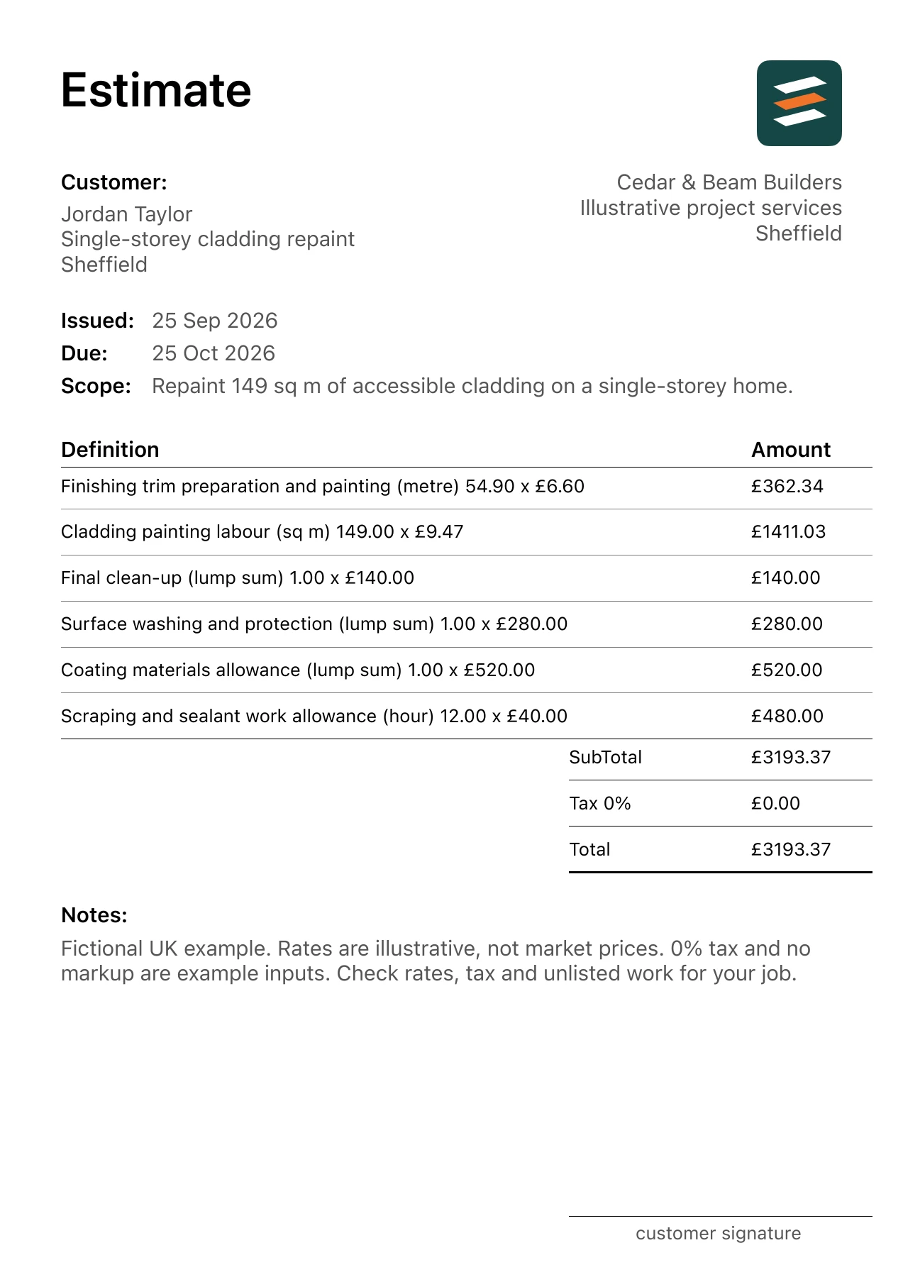 First page of the exterior painting estimate PDF for a fictional Sheffield job