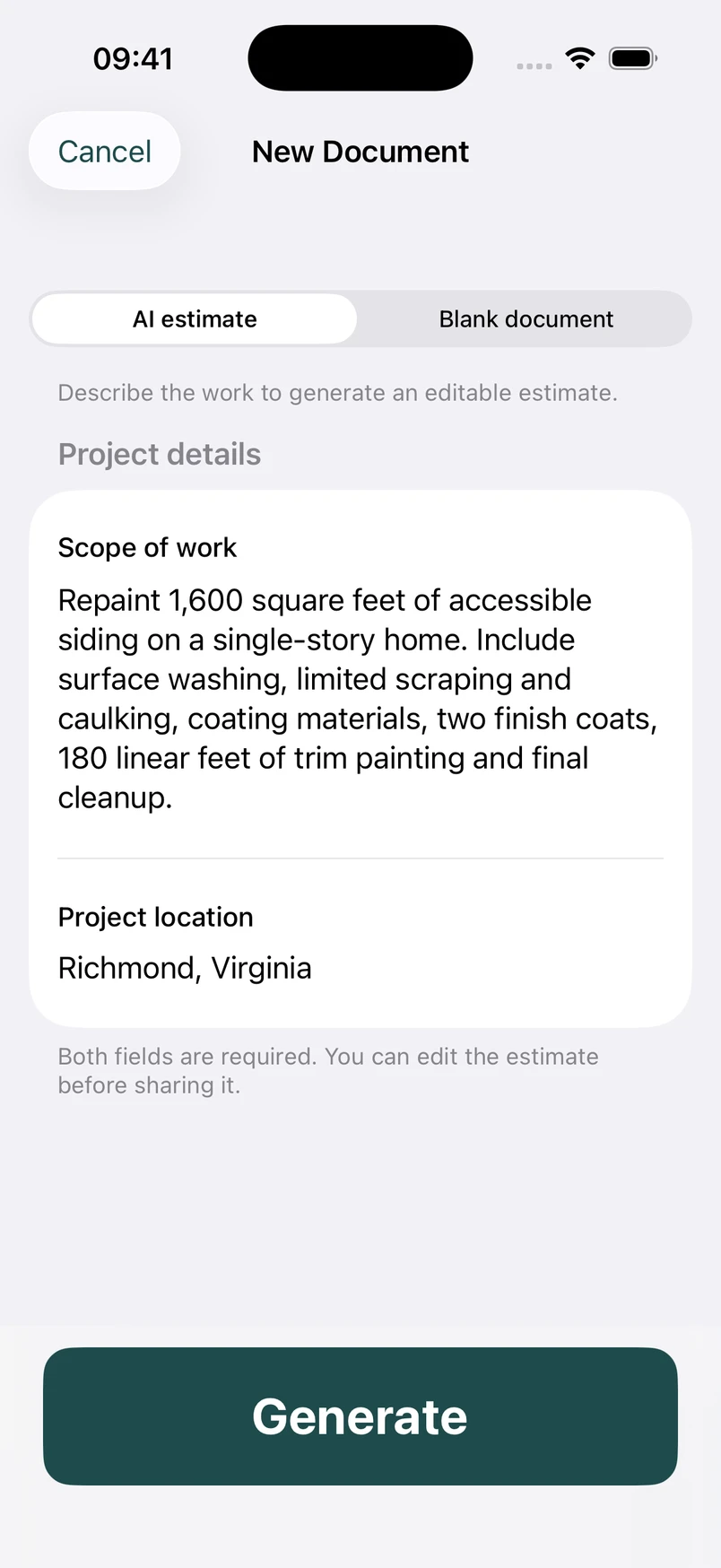 Exterior painting scope in the New Document screen