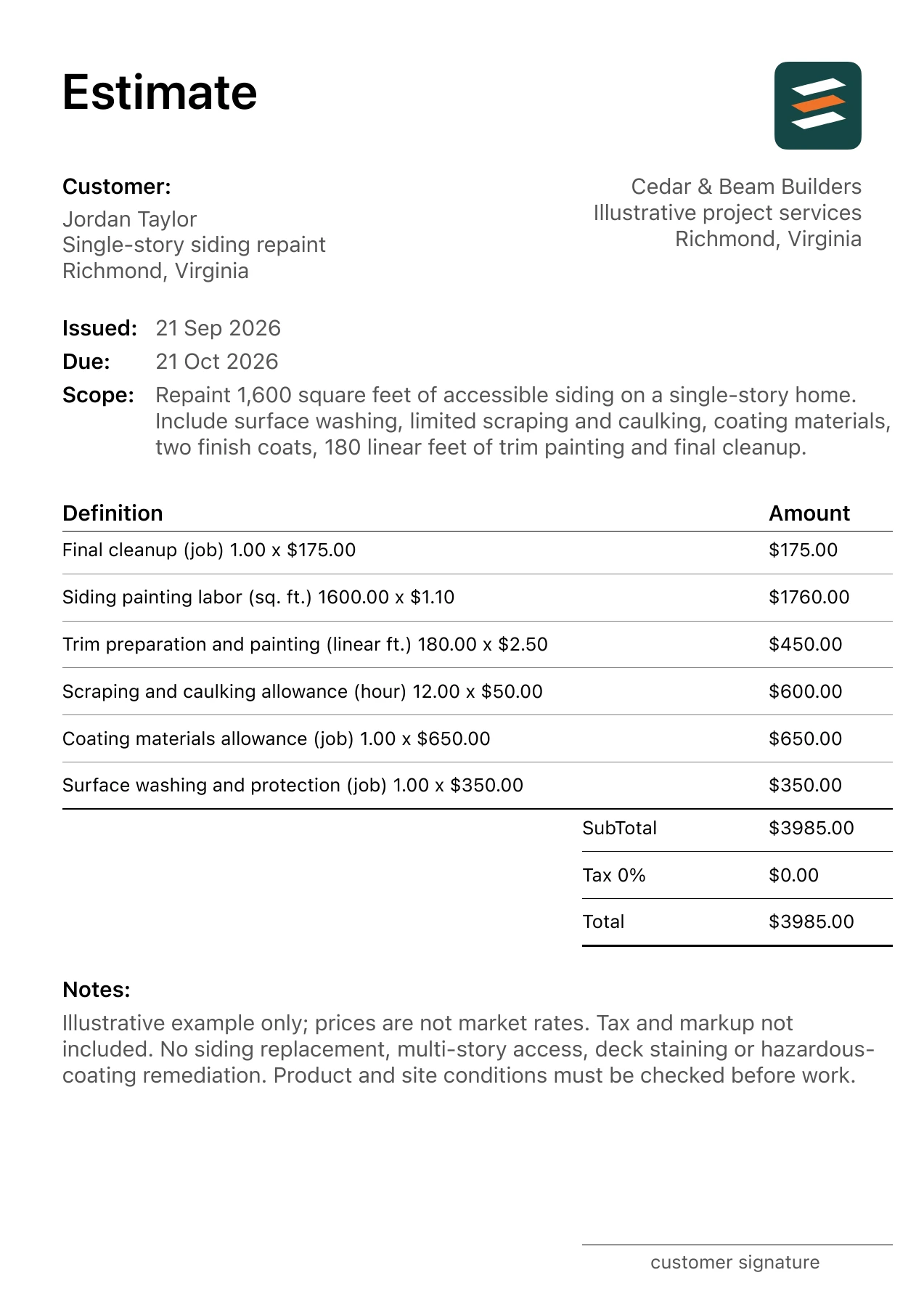 First page of the exterior painting estimate PDF