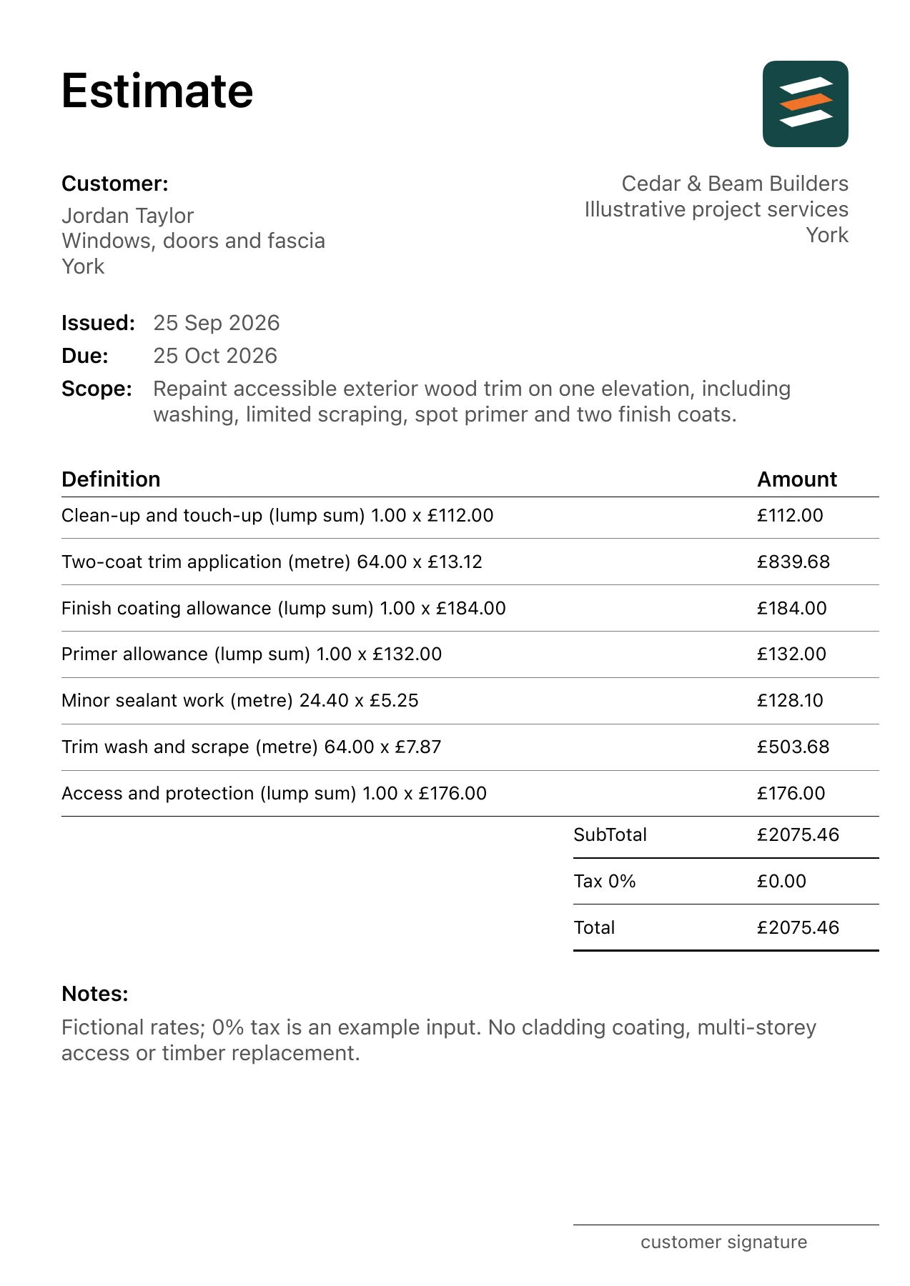 First page of the fictional exterior trim painting estimate PDF