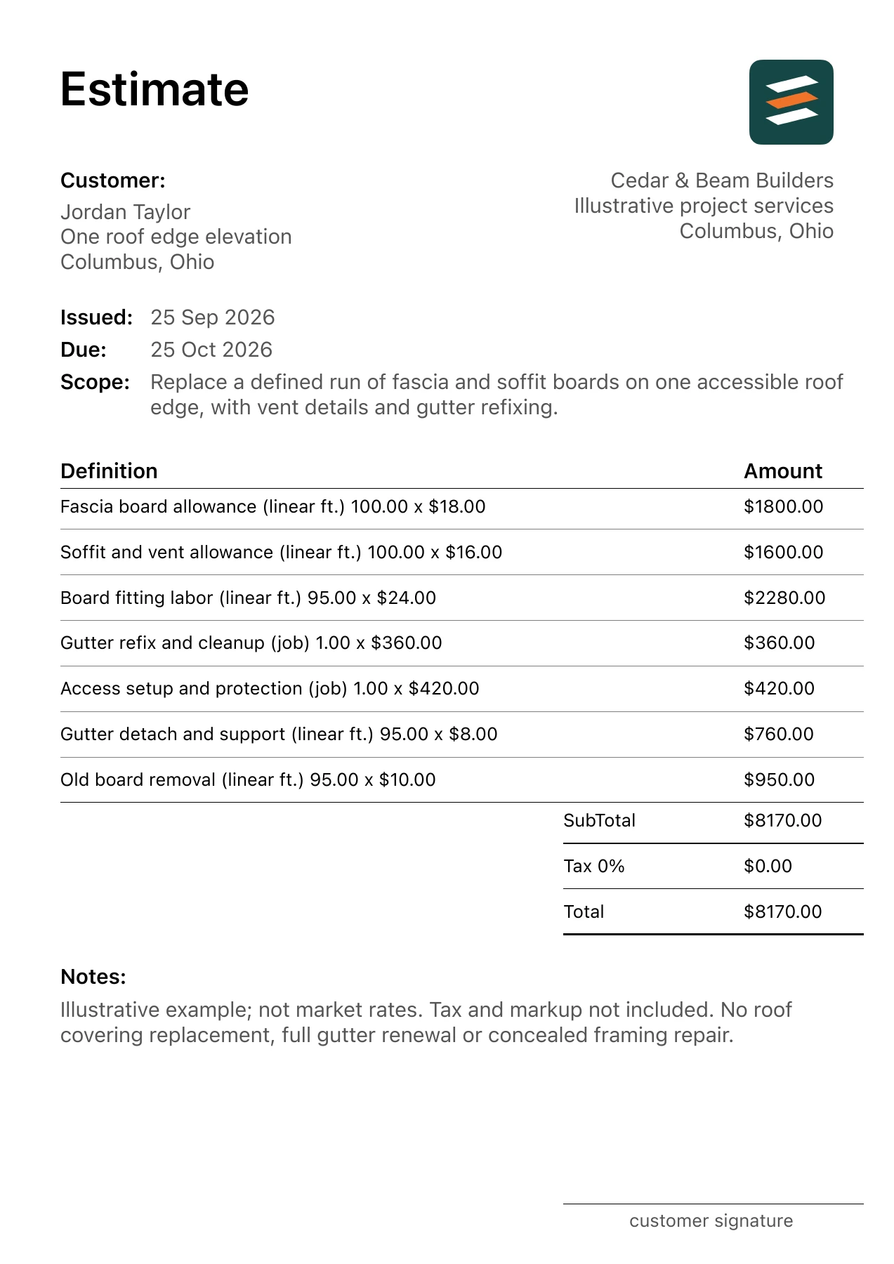 First page of the fictional fascia and soffit replacement estimate PDF